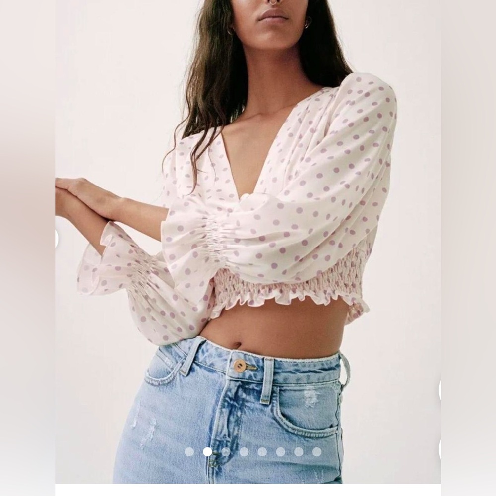 Zara polka dot blouse white lavender ruffled v neck cropped sz S - Picture 3 of 7